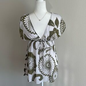 Ally B Green and White Floral Blouse Size M